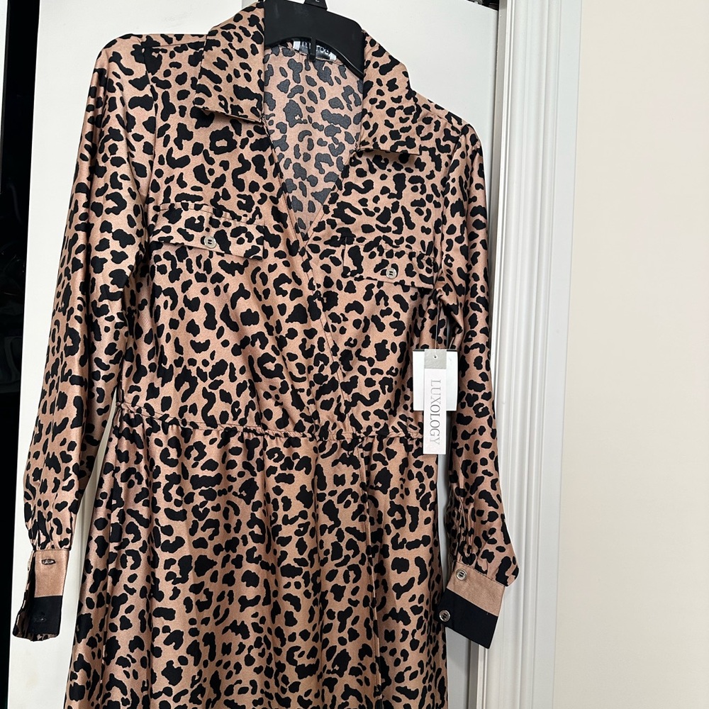 Luxology Tan and Black Animal Print Long Sleeve Dress - Picture 2 of 7